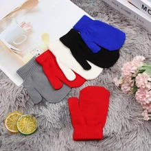1 пара детских милых зимних теплых вязаных перчаток для мальчиков и девочек, цветные перчатки на полный палец, Детские утепленные вязаные варежки
