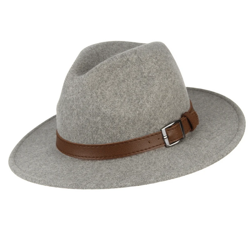 GEMVIE новая шерстяная шляпа с широкими плоскими полями для женщин и мужчин, фетровая шляпа с пряжкой и кожаным ремешком, теплая осенне-зимняя Панама, джазовая Кепка - Цвет: Gray 3