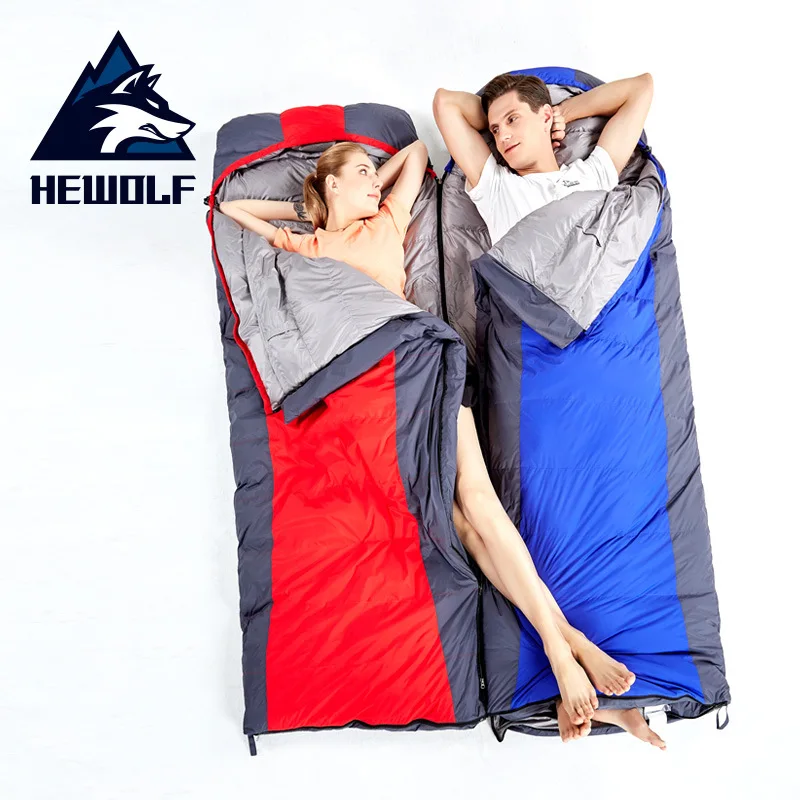 Free Shipping  Hewolf Winter Sleeping Bag Envelope Duck Down Thickening Camping Splicing Winproof Warm Sleeping Fo