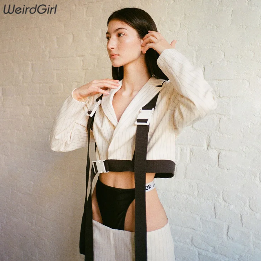 

weirdgirl women casual coat button full sleeve striped jacket crop top turn-down collor fashion female outwear new autumn 2019