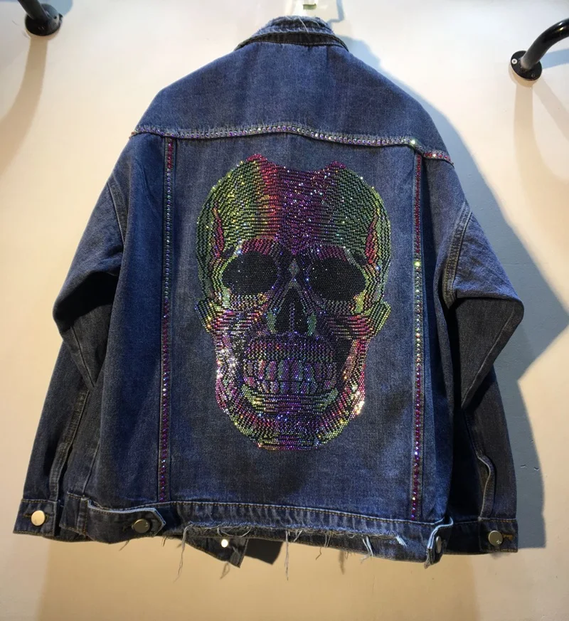

Drilling Skull Head Women Loose Denim Jacket Long Sleeve Frayed Diamond Heavy Work European Station Jeans Jackets