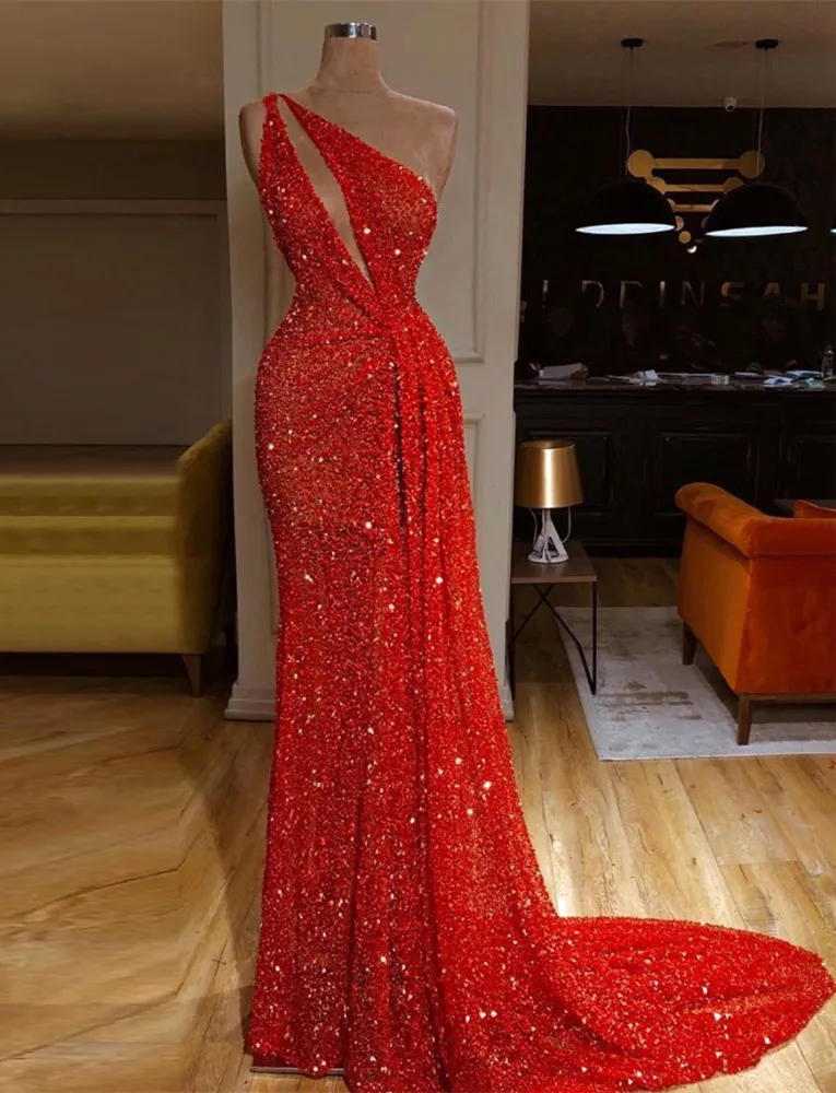 

Long Sexy Red Sequin Prom Dresses 2019 Mermaid Dubai One Shoulder Fashion Evening Prom Party Opening Ceremony Celebrity Gowns