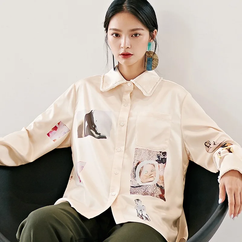 2019 Autumn Original Gloria&ampGrace Vintage Casual Beige Figure Painting Pattern Print Oversize Loose Chiffon TOP Blouse Shirt |