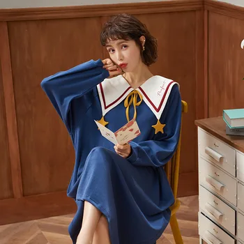 

Autumn Nightgown Women Cotton Long Sleeve Nightdress Korean Style Sleepwear Femme Cute Cartoon Homedress Ladies Dress Night Wear