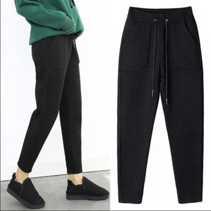 

2019 Autumn Casual Sports Pants Women Plus Velvet Warm Sports Sweatpants Solid Color Drawstring Elastic Waist Black Trousers
