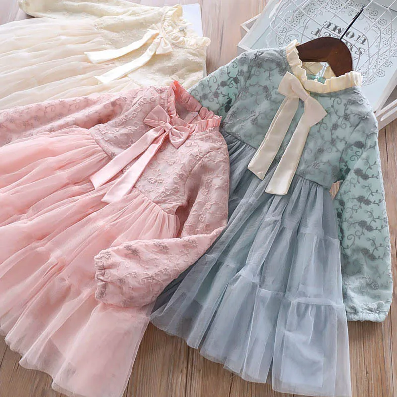 

326038 9111 Spring 3 Colors Girls Frilled Collar Large Bow Embroidery Mesh Dress CHILDREN'S Dress