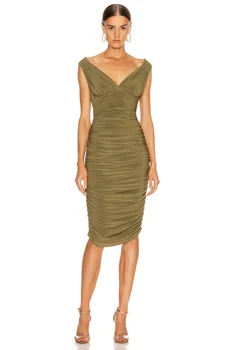 

2020 New Arrival V Neck Summer Women Dress Glossy Side Folds Sexy Draped Bodycon Celebrity Evening Party Dress Club Vestidos