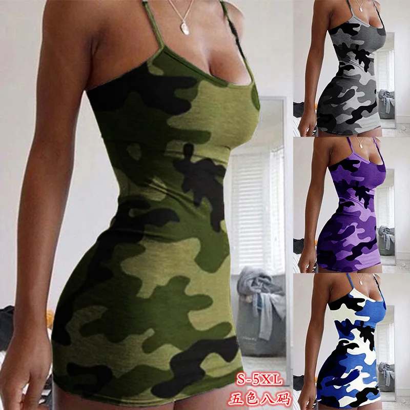 2020 Summer Camouflage Printed Mini Bodycon Dress Sexy Spaghetti Strap Tunic Dresses Ladies Club Party Camo Slip Vestidos