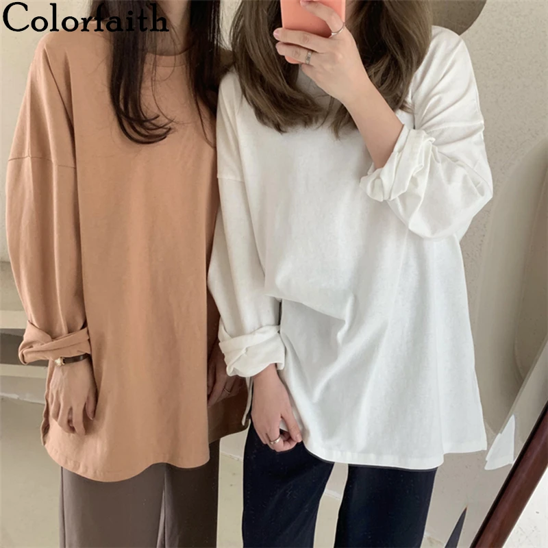 Colorfaith, новинка 2020, женские весенние свободные футболки, одноцветные, с длинным рукавом, повседневные, корейский минималистичный стиль, Triko, т... Colorfaith, новинка 2020, женские весенние свободные футболки, одноцветные, с длинным рукавом, повседневные, корейский минималистичный стиль, Triko, т...