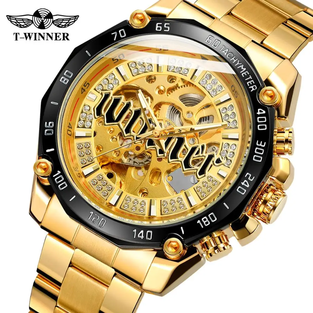 

Luxury Skeleton Gold Mechanical Mens Watches Automatic Stainless Steel Wrist Watch for men Men Watch Relogio Masculino Winner