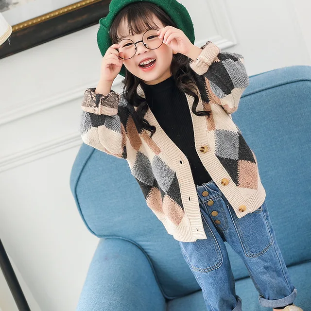 

boys Girls Autumn Knitted Cardigan Sweater Baby Children Clothing Boys Kids Spring Wear Korean Style Diamond Plaid Sweater ZL145