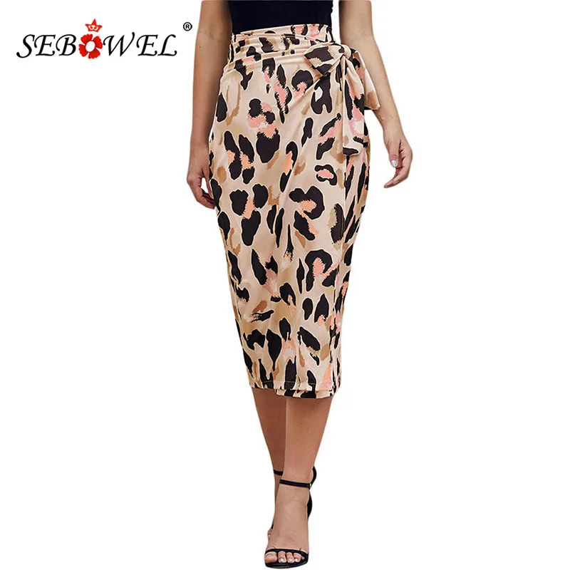 

SEBOWEL 2019 Fashion High Waist Leopard Print Satin Wrap Midi Pencil Skirt for Woman Bodycon with Sashes Bow Female Skirts Party