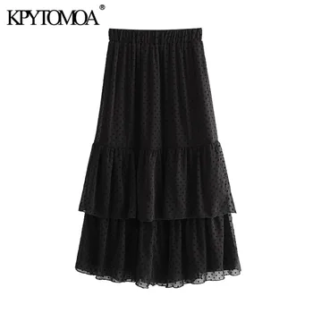 

KPYTOMOA Women 2020 Chic Fashion Polka Dot Mesh Midi Skirt Vintage Elastic Waist Office Wear Female Skirts Casual Faldas Mujer