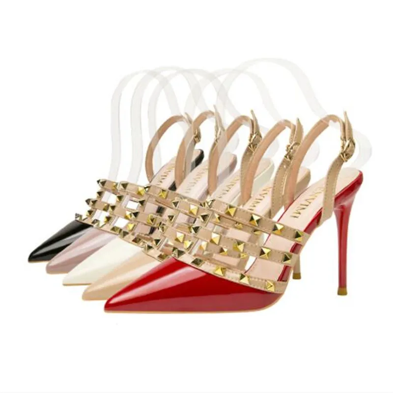 2024 New 10CM PUMPS Sexy pointed Roman high heels nightclub was thin rivets female sandals stiletto back empty women's shoes