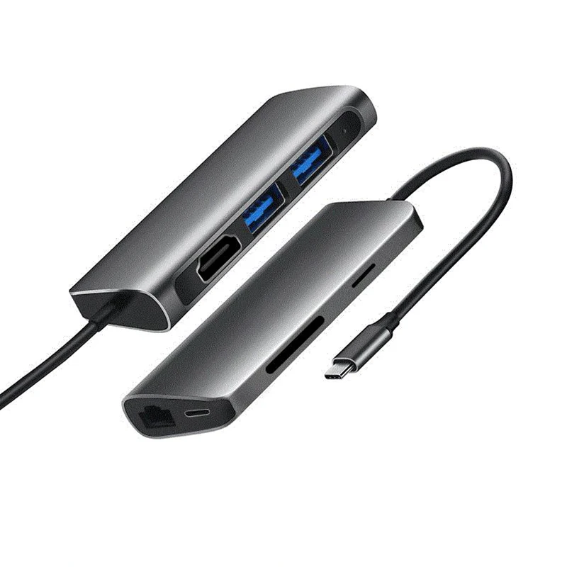 Адаптер 7 в 1 TC71N TYPE C с USB 3 0x2 + HDMI SD/TF кардридер RJ45 серебристо серый|Сетевые