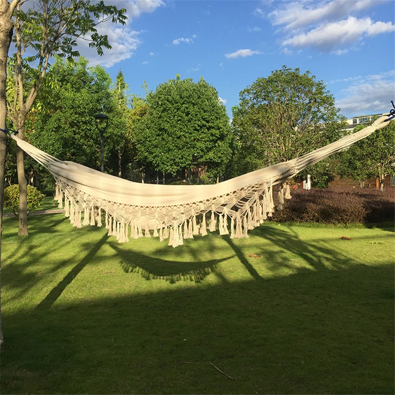 2 Person Hammock Boho Large Brazilian Macrame Fringe Double Deluxe Hammock Swing Net Chair for Out/Indoor Patio Porch Decor