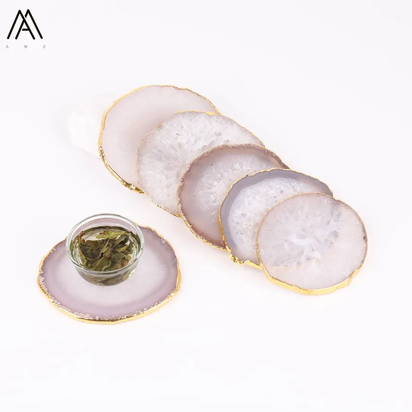 

3PCS Approx 80-105mm Plated Gold Edges Natural Clear White Agates Round Shape Coaster Drink Coaster Agates Cups Mat CX-08AMAF