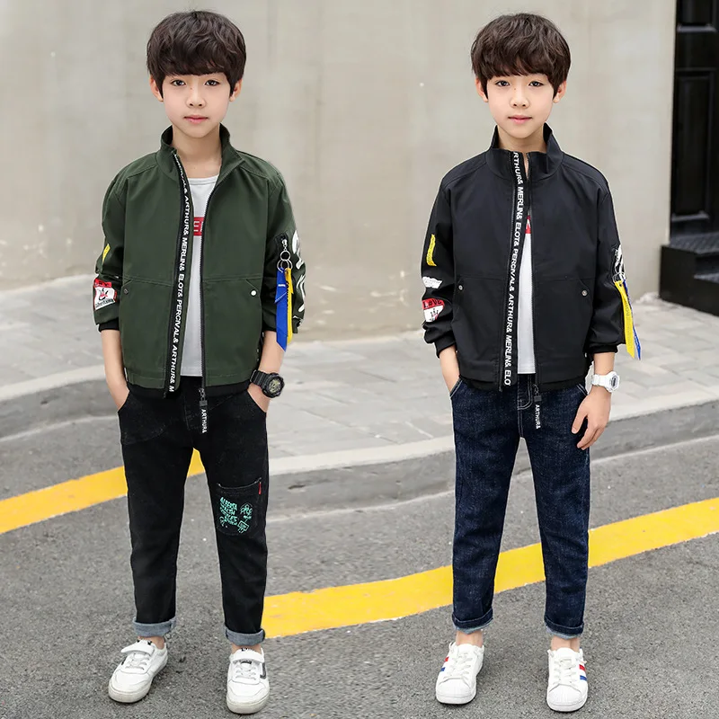 

2019 Spring And Autumn New Style Childrenswear BOY'S Casual Sleeves Printed Stand Collar Jacket Middle And Large Kids' Overcoat
