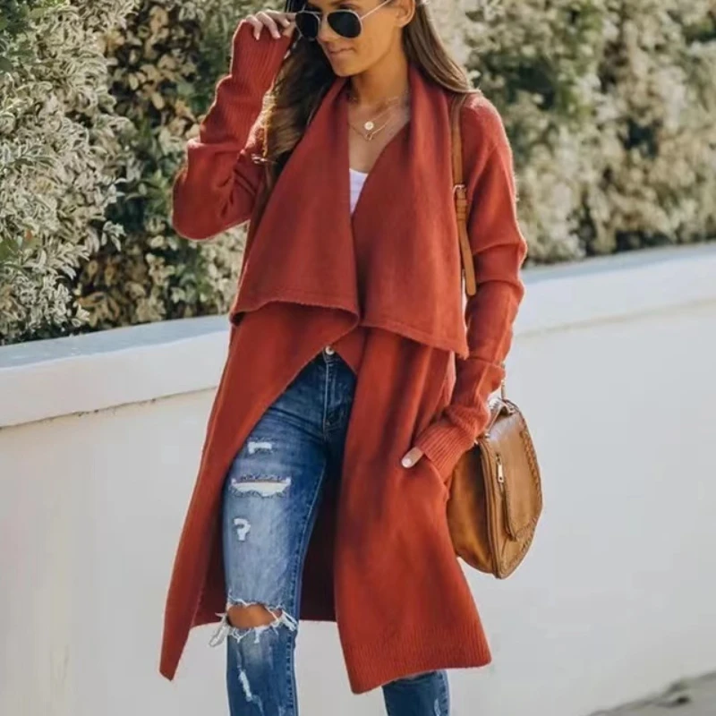 

AYUALIN Women Knitwear Sweater Turn-Down Collar Winter Coats 2022 Boho loose Long Sweaters Female Holiday Oversized Cardigans