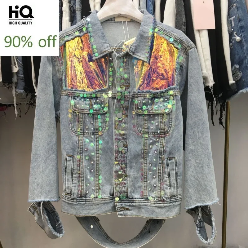 

Personality New Colorful Sequins Embroidered Flares Female Short Coats High Street Cuff Hole Ripped Loose Womens Denim Jackets