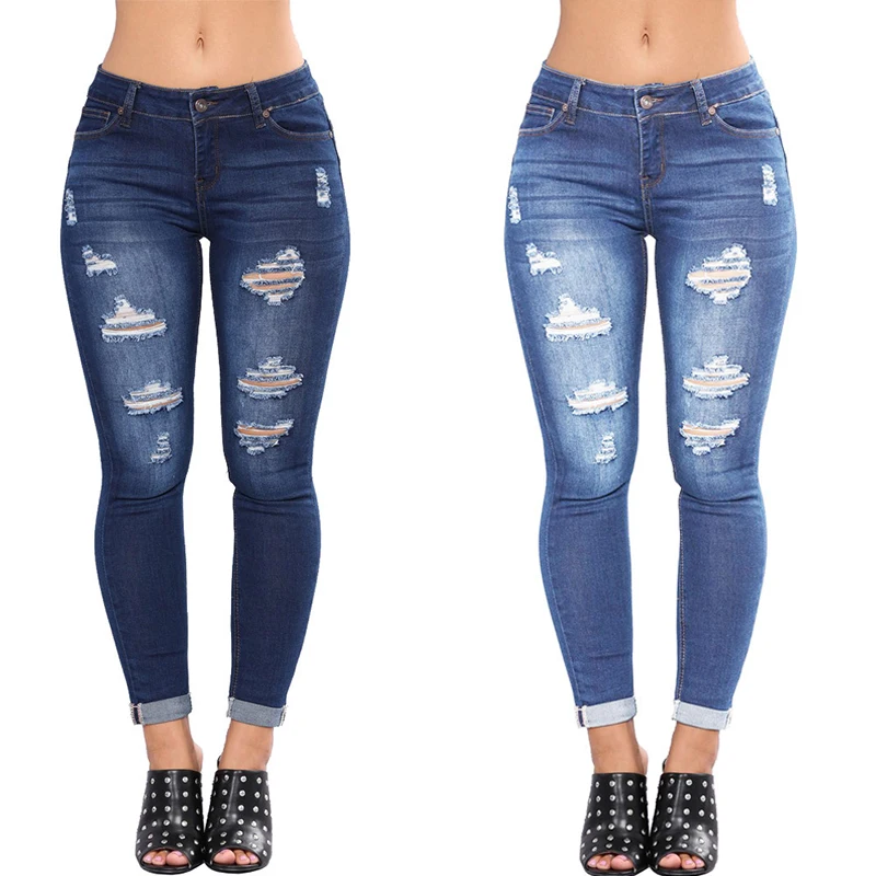 Зимние Модные женские рваные джинсы с высокой талией, джинсовые брюки больших размеров, джинсы для мам, женские узкие джинсы