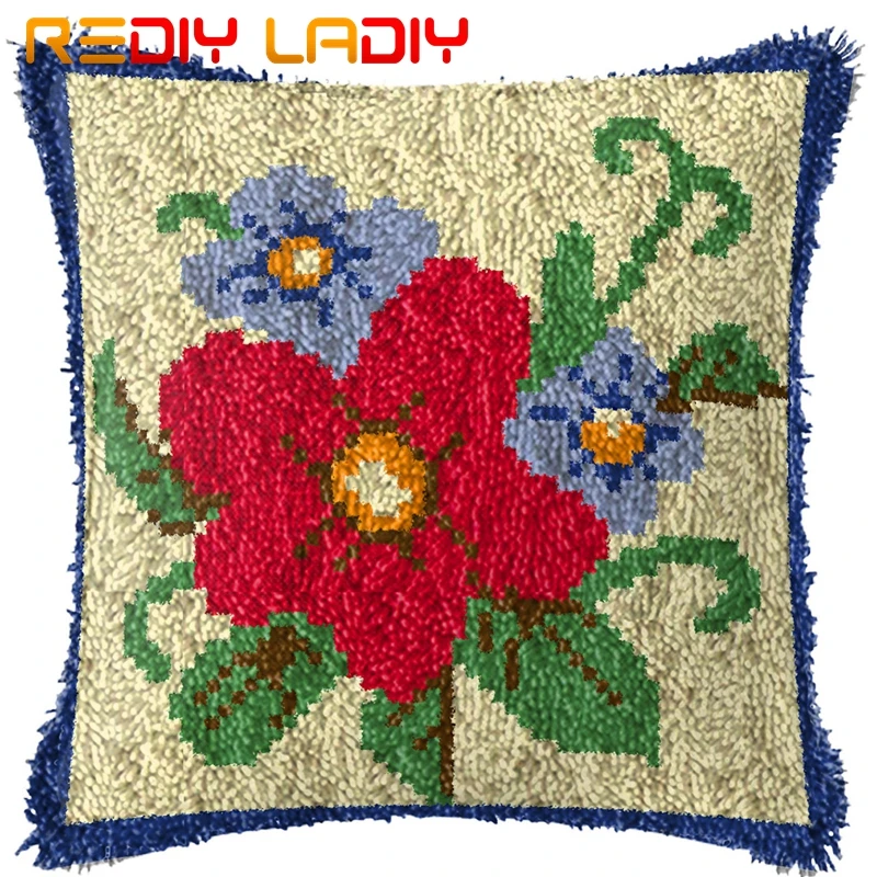 Latch Hook Cushion Red Flowers Pre-Printed Canvas Front Acrylic Yarn Crochet Pillow Case Kits Sofa Bed Home Decor | Дом и сад