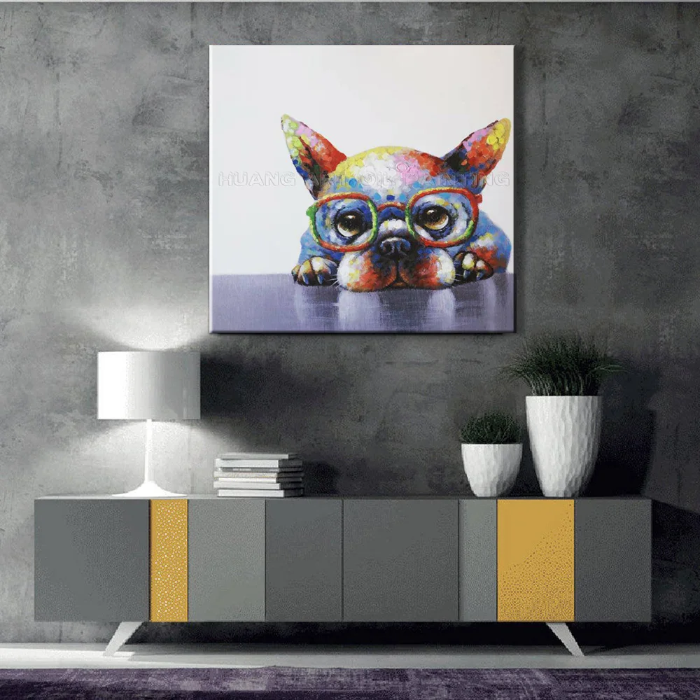 Online Hand Painted Blue Gläser Hund Öl Bild Abstrakte Tier Ölgemälde auf Leinwand für Lving Zimmer Wand Dekor Grau Bulldog malerei