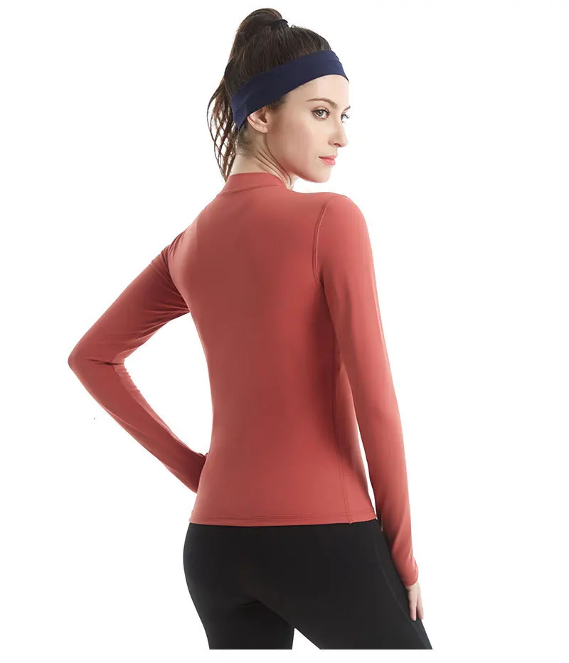 Autumn New High Collar Yoga Top Long Sleeve T-shirt Women Elastic Slim Thumb Hole Solid Color Running Sport T-Shirt