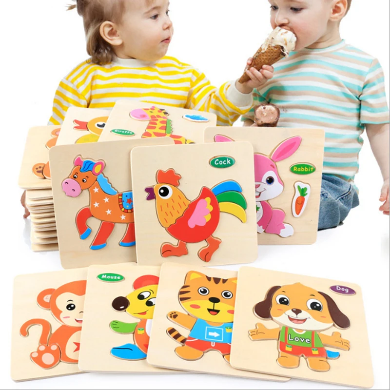 Деревянные игрушки Монтессори для детей, 3D головоломка, Мультяшные животные, картина, ранние образовательные головоломки, интеллектуальные игрушки для детей