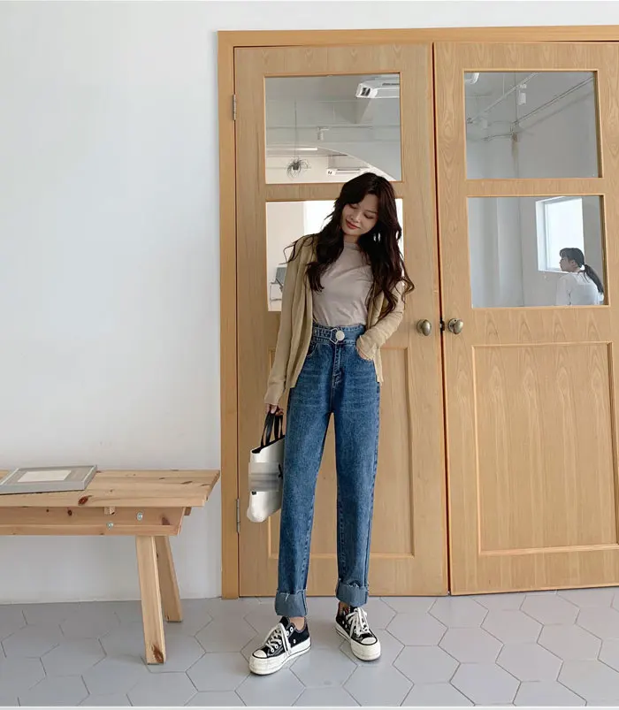 Loose Jeans Woman New Fashionthin Solid Color Big Buckle Straight Pants Wool Side Jeans Long Pants Women High Waist Woman