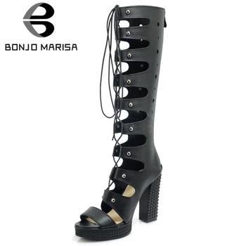 

BONJOMARISA Sexy Girl Cool Summer Brand Lace Up Retro Open Toe Gladiator Sandals Women Blcok Heel Fashion Shoes Woman