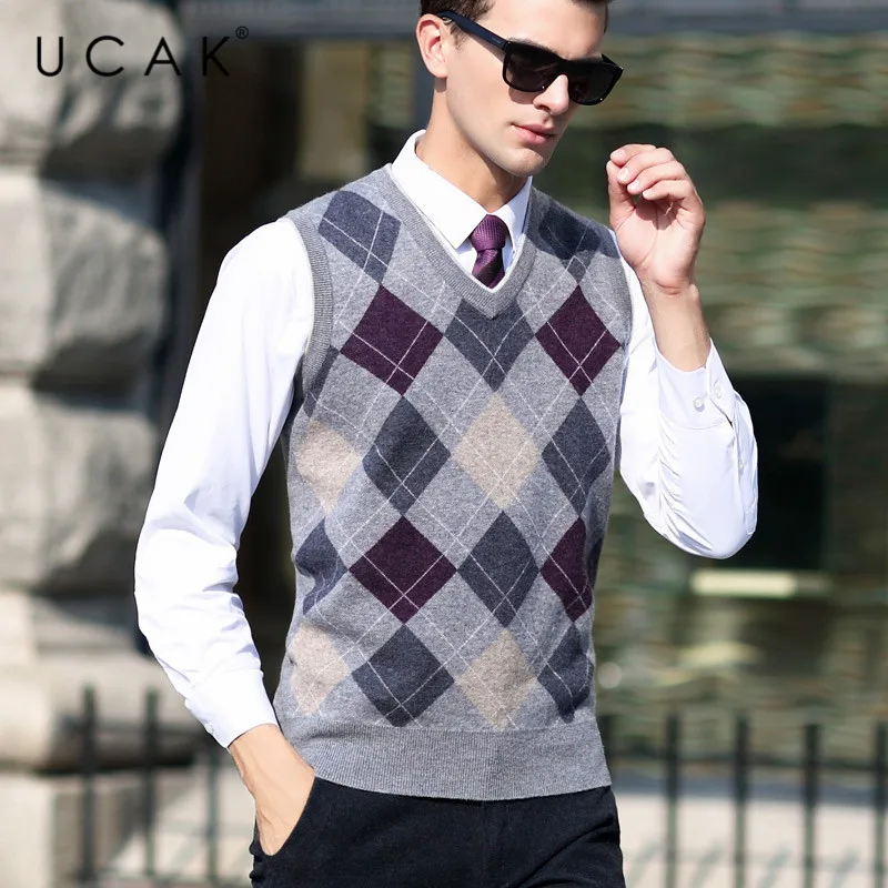 60% OFF UCAK Brand Men Sweater Vest 2019 New Arrival Autumn WInter Warm Pure Merion Wool Pull Homme Casual Clothing Sweaters Male U3105