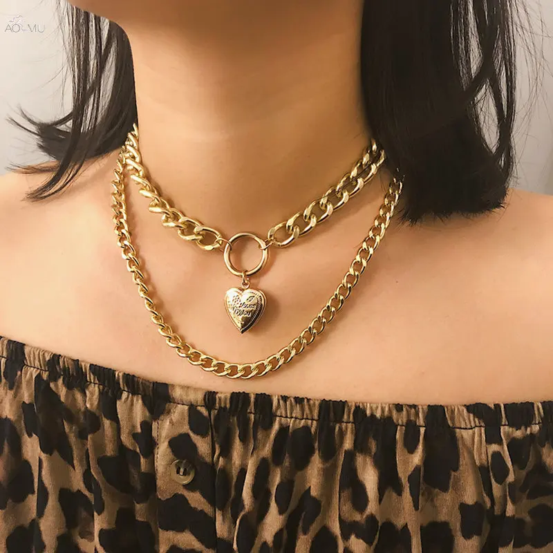 

AOMU 2019 Punk Metal Gold Color Heart Pendant Clavicle Chain Necklaces For Women Double Layer Statement Necklace Jewelry