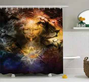 

Woman Lion and Flower Shower Curtain, Fabric Bathroom Decor Set with Hooks,54 x 78 Inches