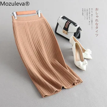 

Mozuleva 2020 New High Quality Autumn Winter Thick Knitted Soft Warm Skirts Knitted Midi Length Elastic High Waist Solid Skirt