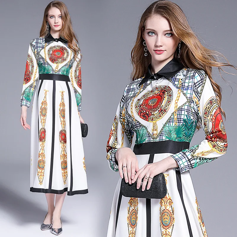 

2019 New Style Fold-down Collar Beautifully Printed Waist Hugging Fashion Long Sleeve Contrast Color High-waisted Big Hemline Dr