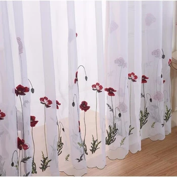 

Simple Pastoral Window Screen Voile Curtain bedroom Classic White Sheer Embroidered Red Flower Curtains Tulle for Living Room