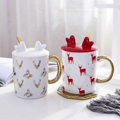 

New Year Christmas Antlers Gold Ceramic Mug With Lid With Spoon Festive Porcelain Coffee Tea Drinking Cup Creative Mug Gift Cup