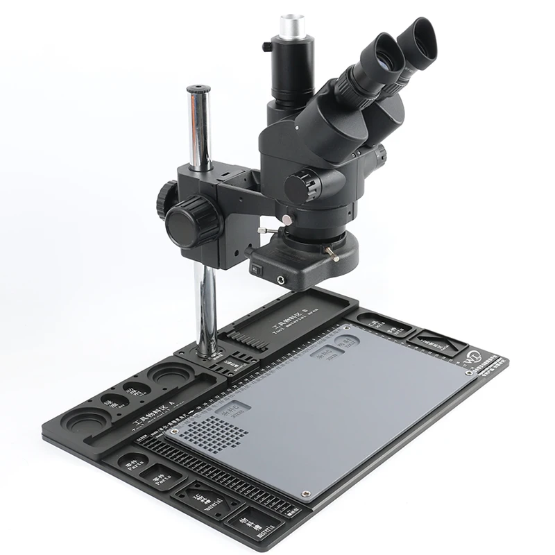  Black Trinocular stereo microscope Simul-focal 3.5-90X Zoom Barlow Objective lens 144 LED Lamp Main