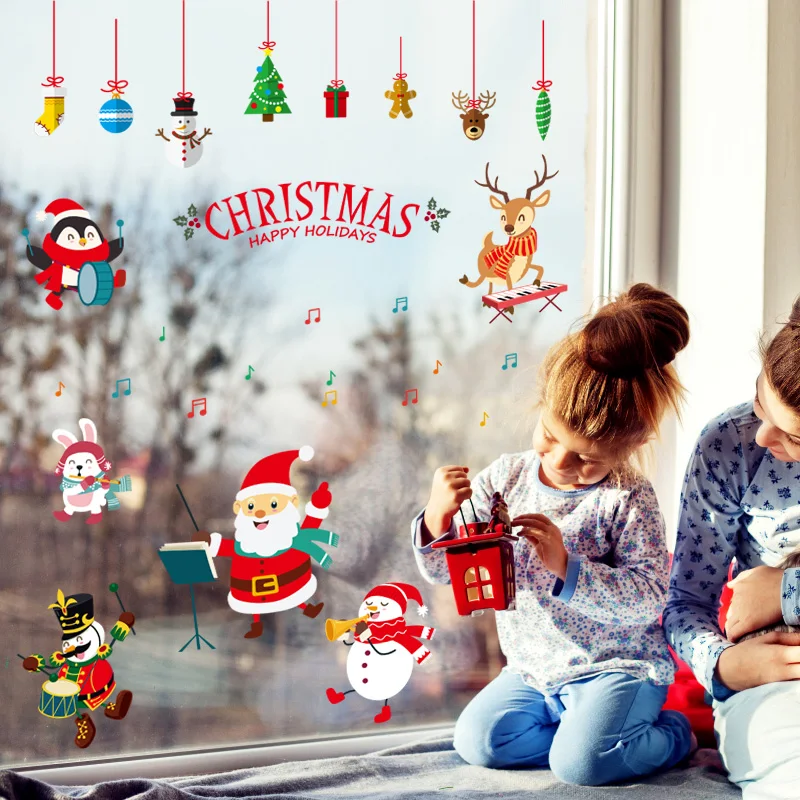 Веселые рождественские настенные наклейки на окна, стеклянные праздничные настенные наклейки, настенные панно с Санта-Клаусом, Новогодние рождественские украшения для домашнего декора, настенные