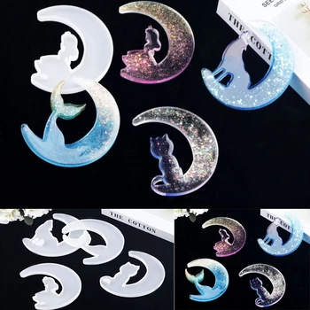 

Crystal Epoxy Resin Mold Girl on the Moon Mermaid Wolf Cat Mirror Pendants Casting Silicone Mould Handmade DIY Craft Making Tool