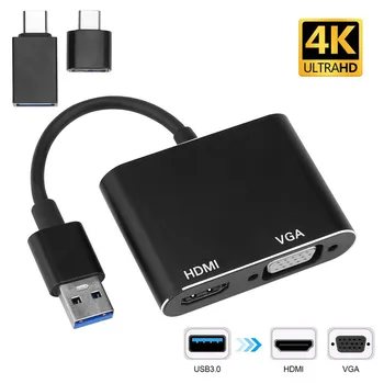 

USB C to HDMI 4K VGA Adapter USB 3.0Video Converter Adaptor With2Type C Adapters Adapter For Portablefor PC Laptop Hub#E30