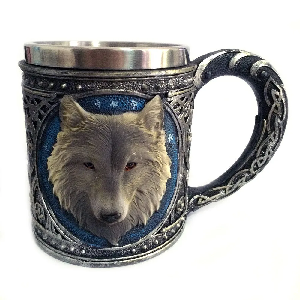 

450ML 3D Wolf King Head Pattern Mug Retro Resin Stainless Steel Coffee Tea Wine Cup Christmas Halloween New Year Decoration
