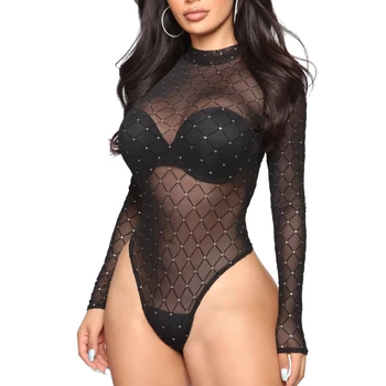 

Fashion Women Long Sleeve Sheer Mesh Lace One-piece Top Stretch Leotard Bodycon Turtleneck Bodysuit Top Blouse