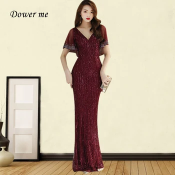 

Elegant Evening Dresses GK028 Burgundy Cap Sleeve Evening Gowns For Women Sequined Cystal Robe De Soiree Long Formal Dress