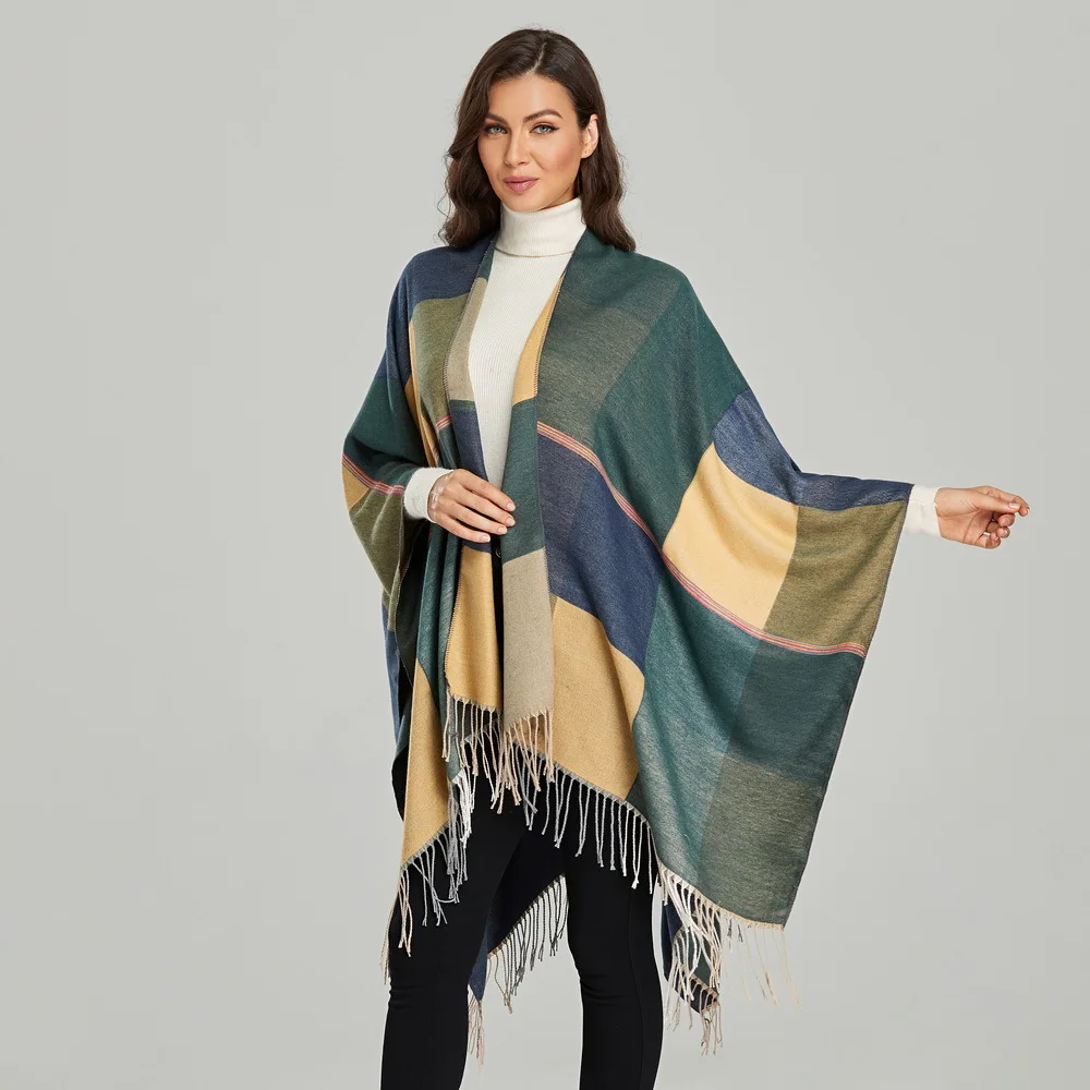 

Luxury Brand Women's Winter Tassel Cashmere Scarf Ponchos Coat 2021 Fashion Plaid Warm Thick Shawl Wrap Pashmina Blanket Femme
