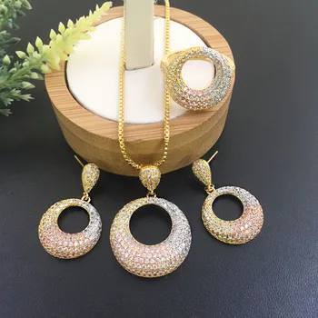

Lanyika Fashion Jewelry Hollow Oval circle Micro inlay Necklace Earrings and Ring for Wedding Banquet Luxury Best Gift