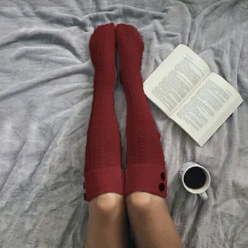 

Womens Long Elastic Warm Socks Winter Knitted Buttons Stockings Solid Hoisery
