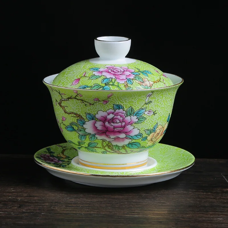 Керамическая эмалированная цветная чайная чаша Gaiwan в китайском стиле Sancai, набор чайных чашек и блюдца, 150 мл, бытовой чайник