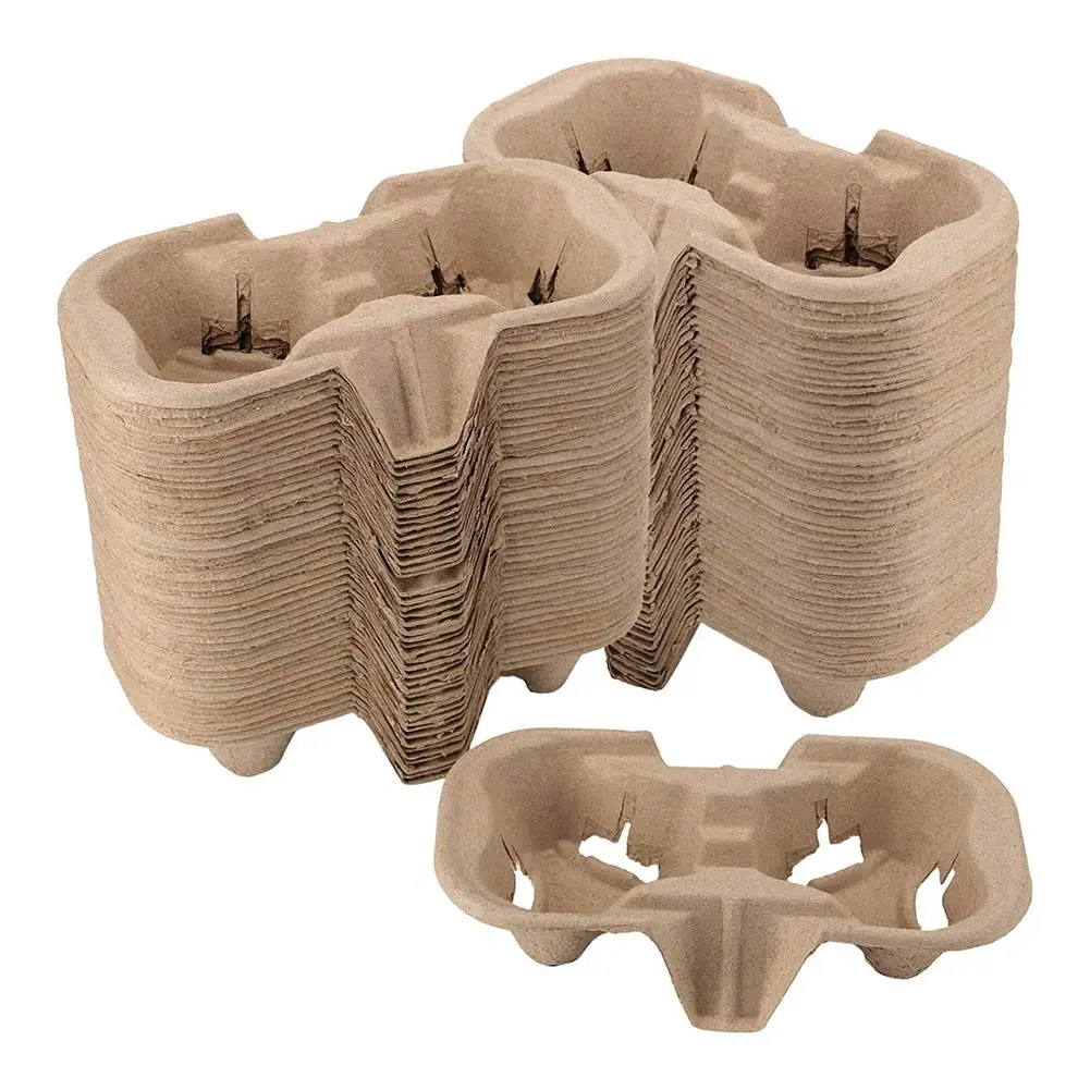 50PCS Disposable Pulp Cup Holder Coffee Milk Tea Drink Carrier Packed Tray Biodegradable Disposable Cup Holder Takeaway Shops